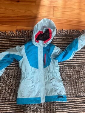 Lands' End Light Blue and Teal Kids Hooded ski jacket with red Trim